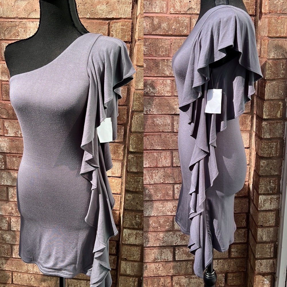 Sky One-Shoulder Ruffle Mini Dress in Gray